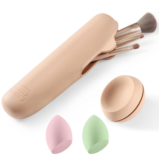 4Pcs Silicone Travel Makeup Bag Set,Makeup Brush Holder with anti Falling Button,Portable Makeup Sponge Holder ，2* Makeup Sponge （Khaki）